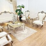 مبل سلطنتی افسون پارچه کرم کلاف طلایی نمای دور