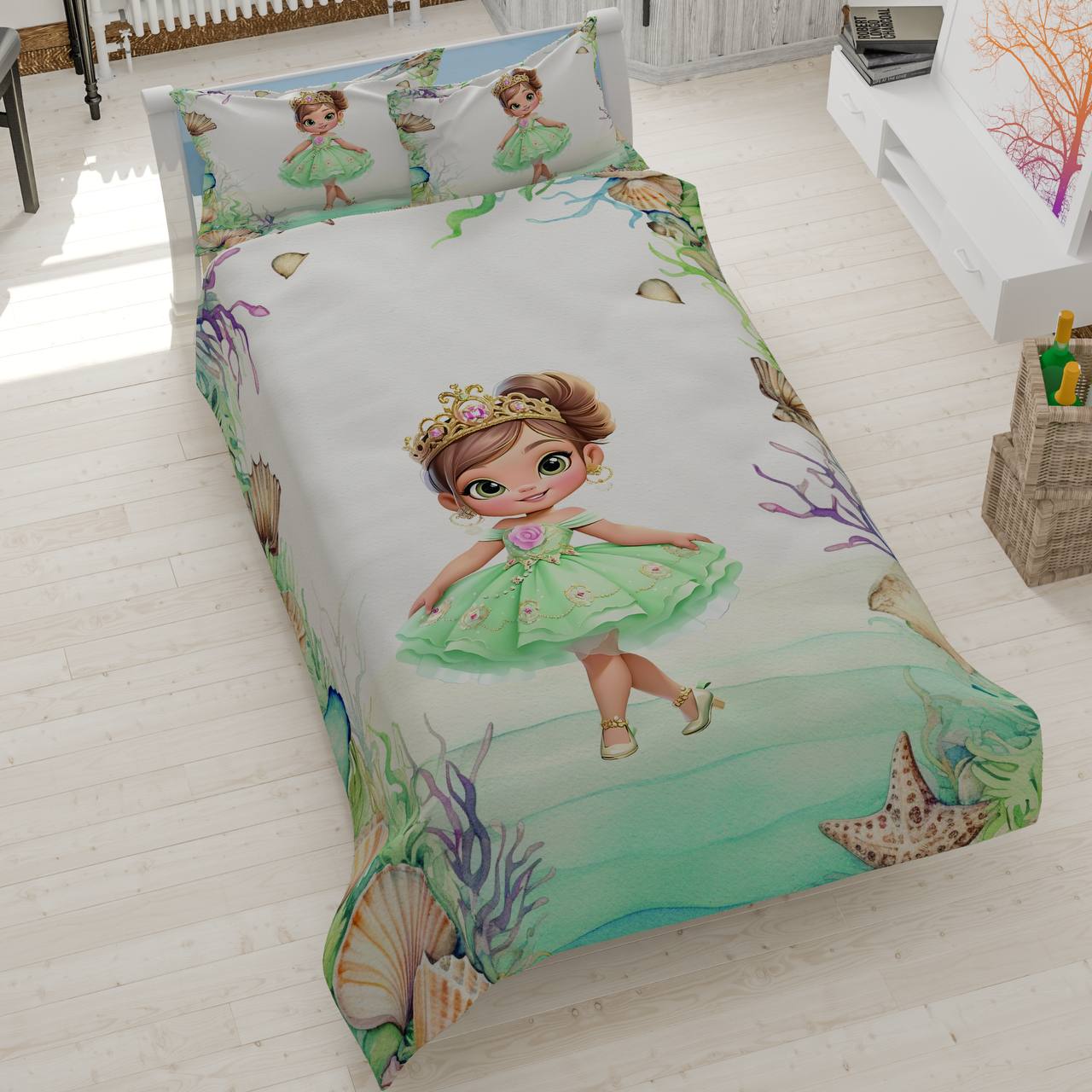 mermaid-princess-ocean-bedding روتختی دخترانه طرح پرنسس با لباس سبز در دنیای زیر آب با تم مرجان و ستاره دریایی