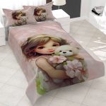 روتختی دخترانه طرح دخترک عروسکی و دسته گل، چاپ سه بعدی با کیفیت، پارچه کتان میکرو ضد حساسیت