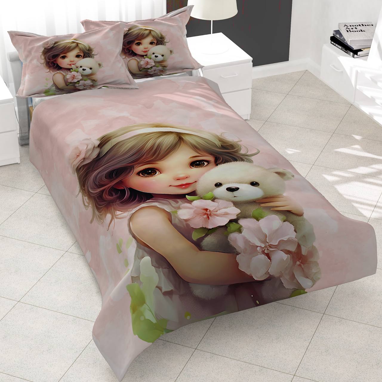 cute-doll-girl-flower-bouquet-bedding روتختی دخترانه طرح دخترک عروسکی و دسته گل، چاپ سه بعدی با کیفیت، پارچه کتان میکرو ضد حساسیت