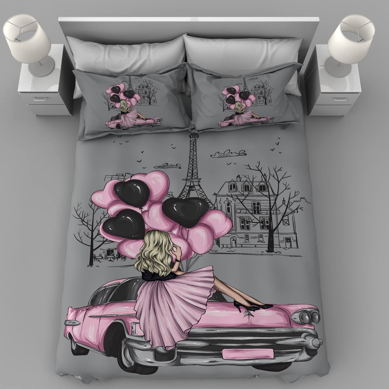 paris-dream-car-single-bedding روتختی دخترانه طرح پاریس و ماشین صورتی، سرویس خواب نوجوان فانتزی، پارچه کتان میکرو ضد حساسیت باکیفیت.