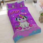 روتختی دخترانه طرح اسب تک‌شاخ (یونیکورن) مدل Dream Big، سرویس خواب فانتزی نوجوان، پارچه کتان میکرو ضد حساسیت.