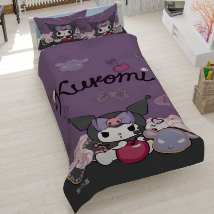 روتختی یک نفره طرح کورومی (Kuromi)، سرویس خواب دخترانه با تم بنفش فانتزی، پارچه کتان میکرو (تنسل) ضد حساسیت.
