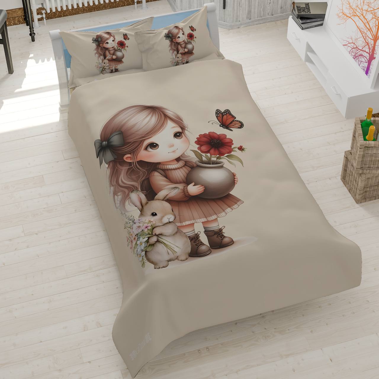 little-girl-bunny-flower-bedding روتختی دخترانه طرح دخترک و خرگوش با دسته گل، سرویس خواب فانتزی با تم گرم و کلاسیک، پارچه کتان میکرو (تنسل) ضد حساسیت.
