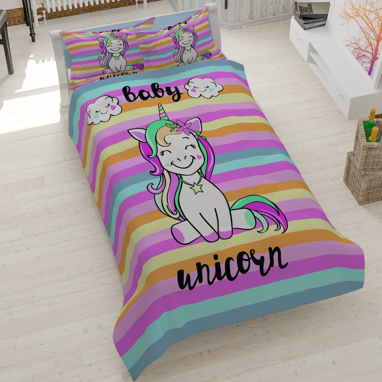 baby-unicorn-colorful-bedding روتختی یک نفره طرح بیبی یونیکورن، سرویس خواب فانتزی رنگارنگ با پسزمینه راه راه، پارچه کتان میکرو (تنسل) ضد حساسیت.