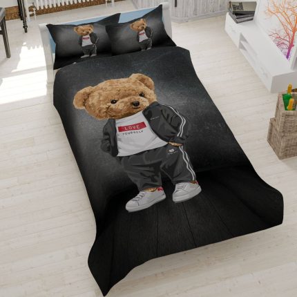 روتختی طرح تدی مدرن، سرویس خواب پسرانه طرح خرس تدی اسپرت، روتختی کتان میکرو مدل Modern Teddy، روتختی مشکی و زغالی طرح تدی.