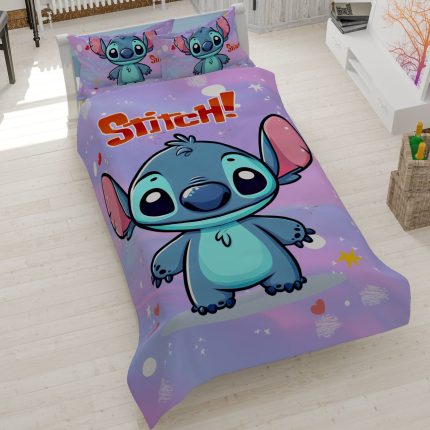 روتختی طرح استیچ، سرویس خواب دخترانه مدل Stitch، روتختی فانتزی بنفش طرح کاراکتر استیچ، روتختی سه‌بعدی کودک و نوجوان طرح انیمیشن لilo & Stitch، روتختی کتان میکرو طرح استیچ خندان.
