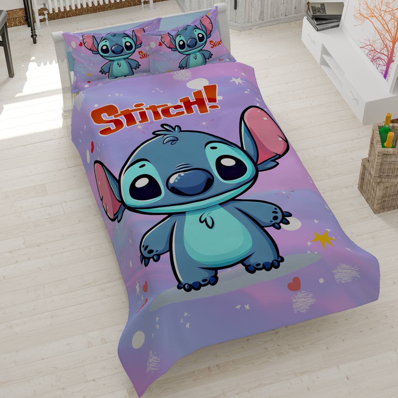 stitch-fantasy-bedding-set روتختی طرح استیچ، سرویس خواب دخترانه مدل Stitch، روتختی فانتزی بنفش طرح کاراکتر استیچ، روتختی سهبعدی کودک و نوجوان طرح انیمیشن لilo & Stitch، روتختی کتان میکرو طرح استیچ خندان.