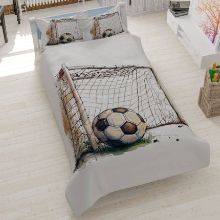روتختی طرح توپ و تور فوتبال، سرویس خواب پسرانه مدل Ball and Net، روتختی کتان میکرو ورزشی، روتختی شیک فوتبالی با چاپ دیجیتال سه‌بعدی، کالای خواب نوجوان تخت و تشک.