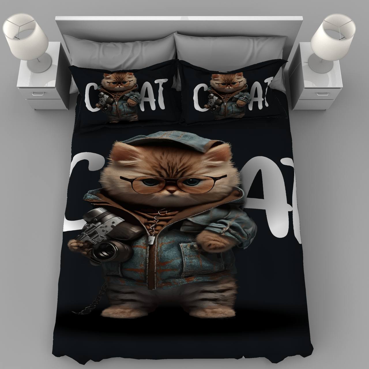 cat-photographer-bedding-set روتختی طرح گربه عکاس با دوربین، سرویس خواب فانتزی طرح گربه در لباس جین، روتختی اسپرت پسرانه و دخترانه، روتختی مدرن با طرح عکاسی.