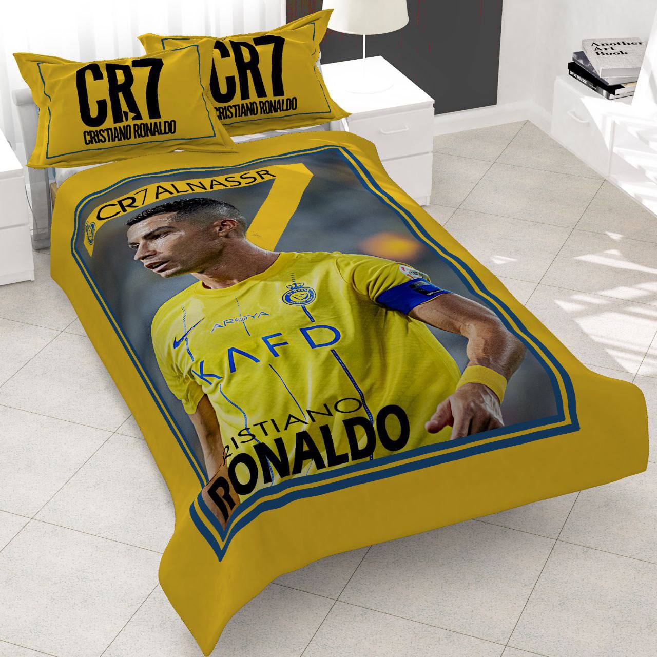 cristiano-ronaldo-alnassr-bedding روتختی طرح کریستیانو رونالدو در باشگاه النصر، سرویس خواب زرد CR7، روتختی فوتبالی کتان میکرو مدل رونالدو النصر.