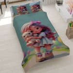 روتختی سه‌بعدی طرح دختر فانتزی و خرس تدی، سرویس خواب دخترانه با تم سبزآبی و صورتی، کتان میکرو تنسل.