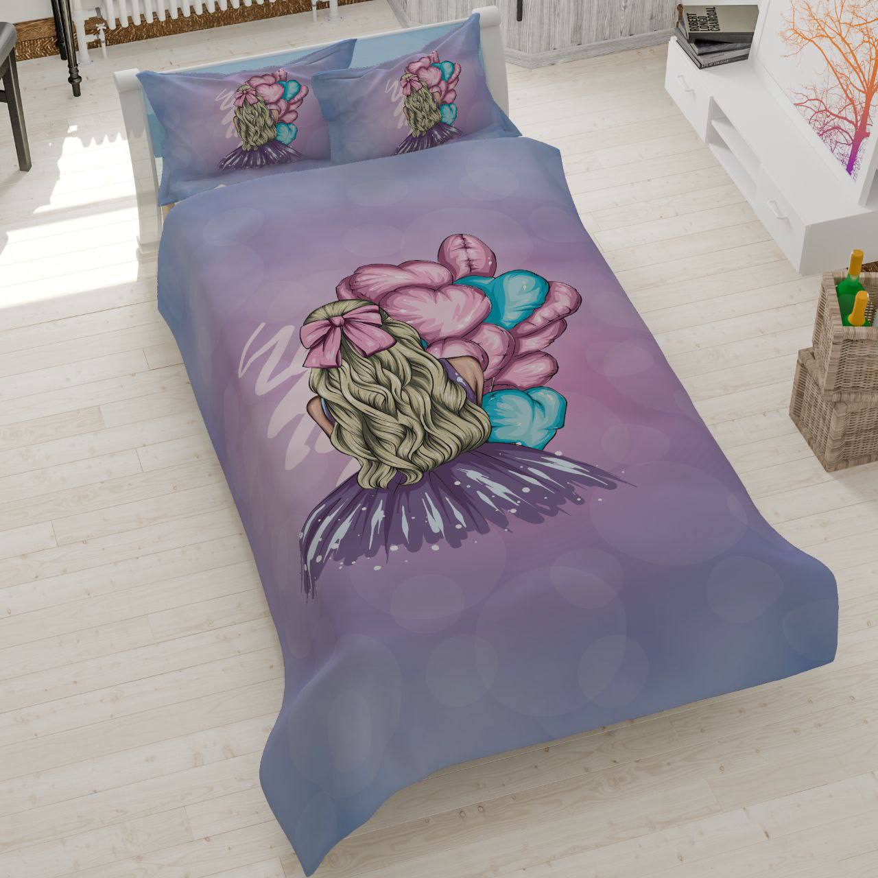 girl-with-heart-balloons-2-purple-bedding روتختی طرح دخترک با بادکنکهای قلبی ۲، سرویس خواب دخترانه بنفش و فیروزهای، روتختی فانتزی مدل دختر با موهای بلوند و بادکنک، کالای خواب کتان میکرو تخت و تشک، روتختی شیک دخترانه جدید.