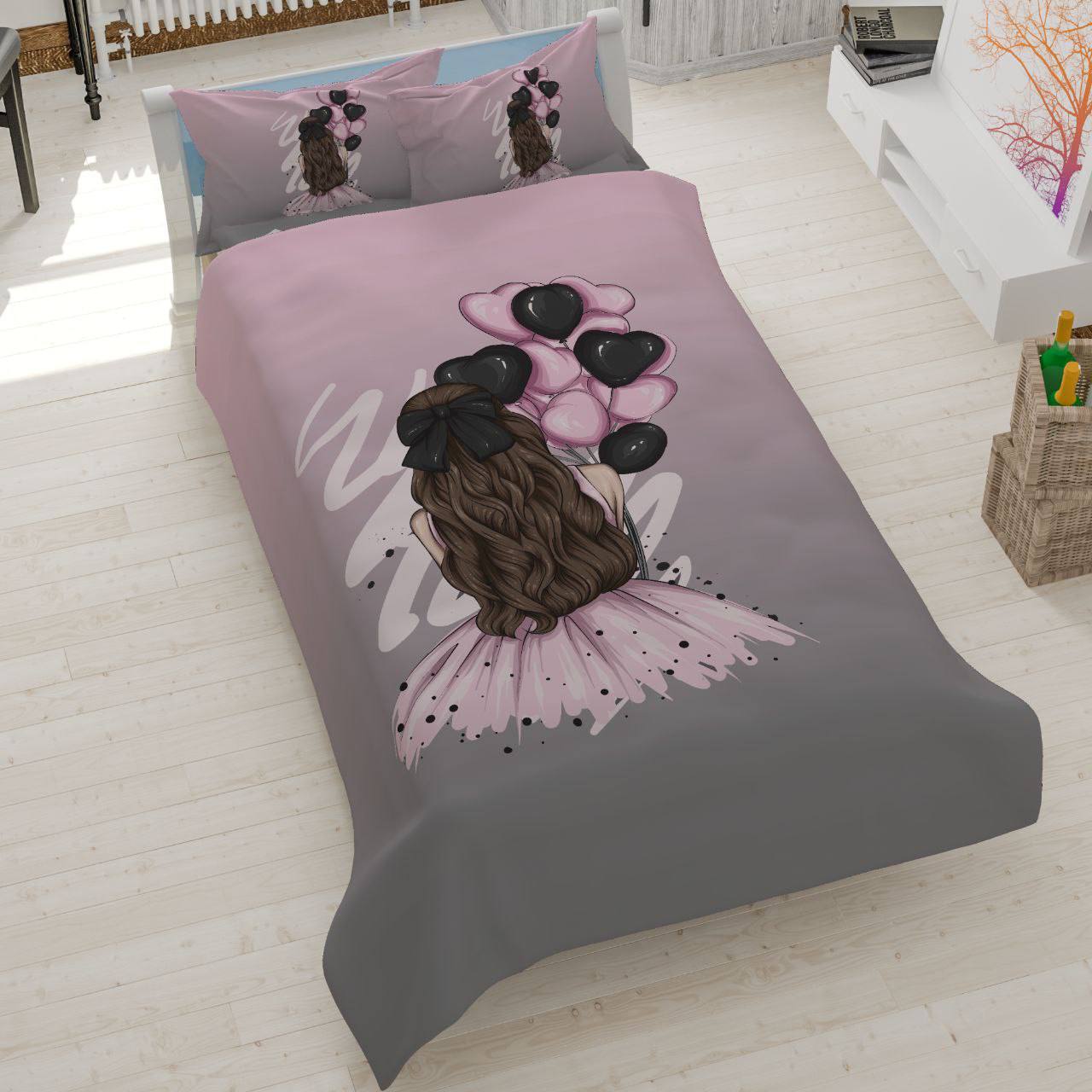 girl-with-heart-balloons-bedding روتختی دخترک با بادکنکهای قلبی، سرویس خواب فانتزی دخترانه صورتی و خاکستری، روتختی مدرن طرح دختر و قلب، کالای خواب کتان میکرو تخت و تشک، روتختی شیک مدل Girl with Heart Balloons.