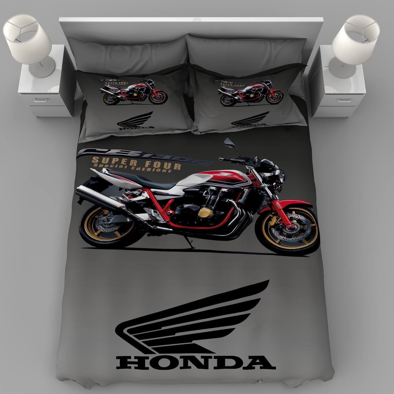 honda-cb1300-super-four-motorcycle-bedding روتختی طرح موتور هوندا CB1300، سرویس خواب پسرانه طرح موتور سنگین، روتختی اسپرت هوندا قرمز و طوسی، روتختی با لوگوی Honda.