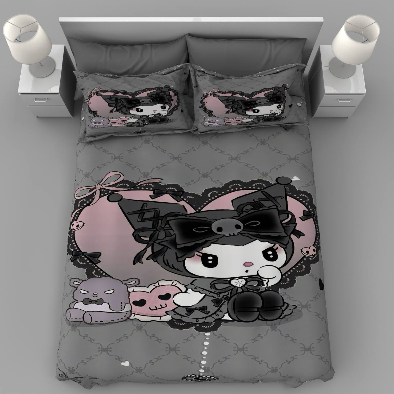 kuromi-classic-style-bedding-set روتختی طرح کورومی، سرویس خواب دخترانه با استایل فانتزی Kuromi، روتختی طوسی و صورتی مدرن، روتختی عروسکی اتاق نوجوان.