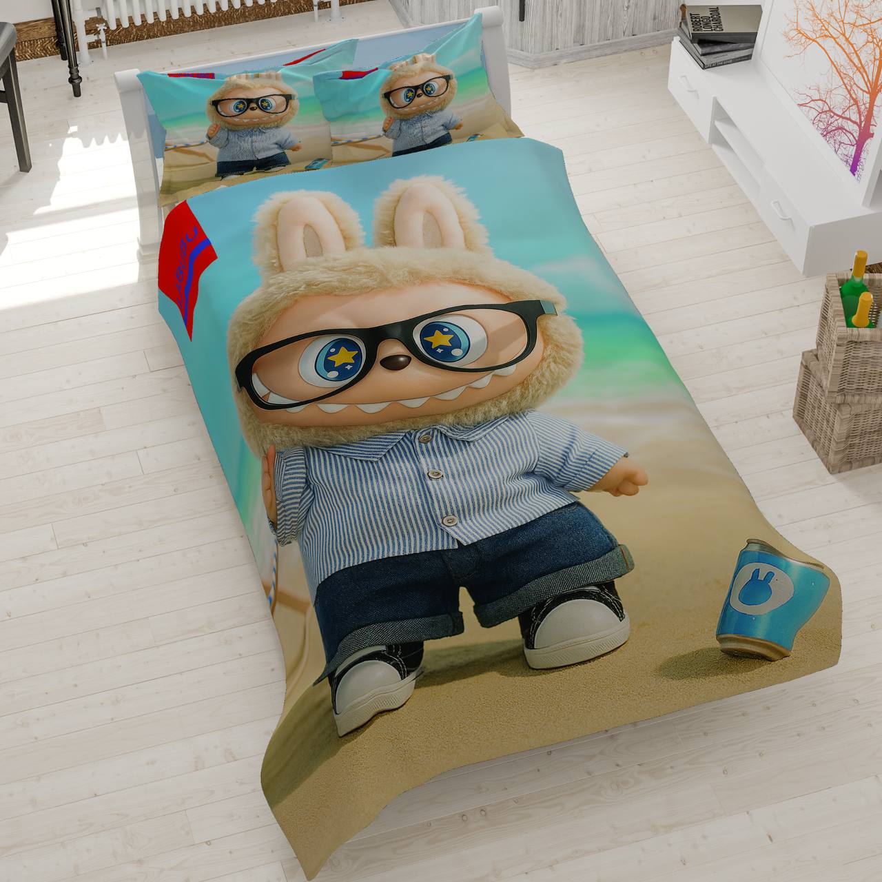 labubu-beach-single-bedding روتختی یک نفره طرح لبوبو در ساحل، سرویس خواب فانتزی کاراکتر Labubu، پارچه کتان میکرو تنسل ضد حساسیت.