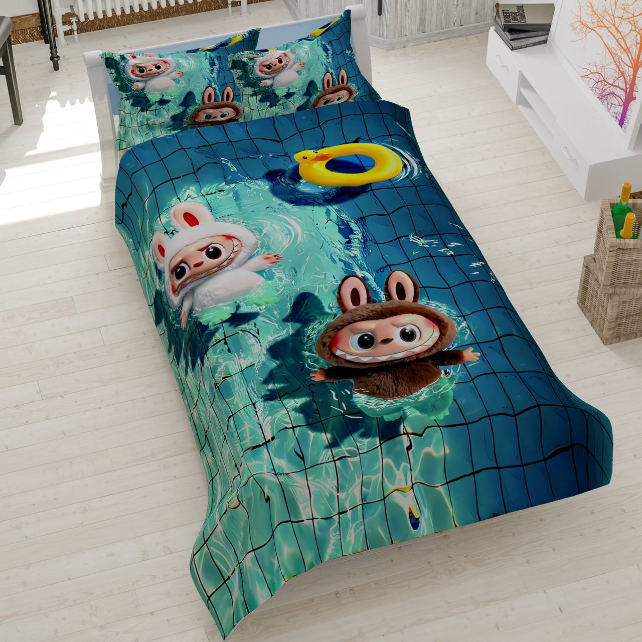 labubu-pool-bedding روتختی یک نفره طرح لبوبو در استخر، سرویس خواب فانتزی شخصیت Labubu با تم شنا و آب، پارچه کتان میکرو ضد حساسیت.