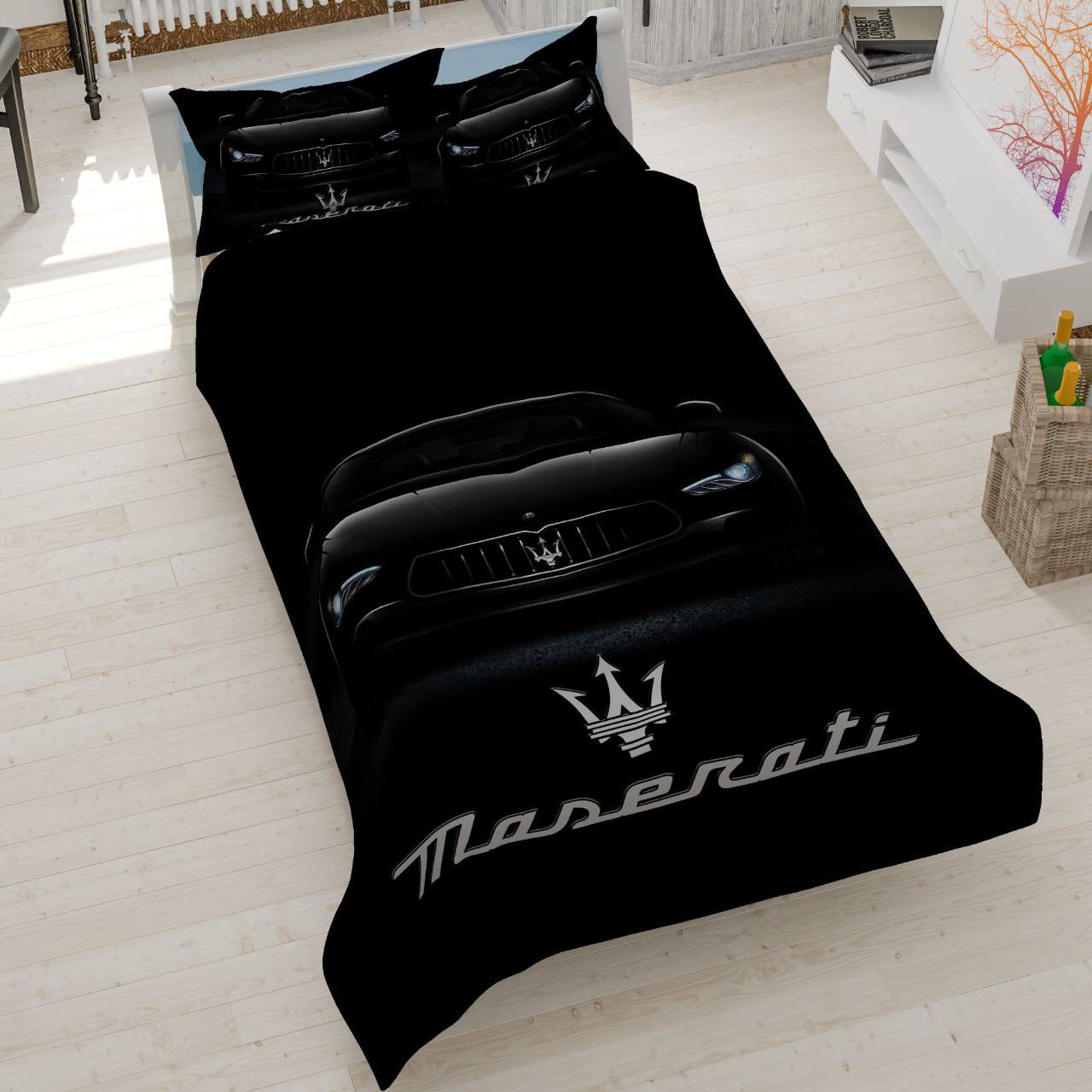 maserati-luxury-car-bedding-set روتختی طرح ماشین مازراتی، سرویس خواب پسرانه طرح خودرو مازراتی مشکی، روتختی لوکس Maserati، کالای خواب نوجوان طرح خودروهای خاص، روتختی سه بعدی مازراتی مشکی.