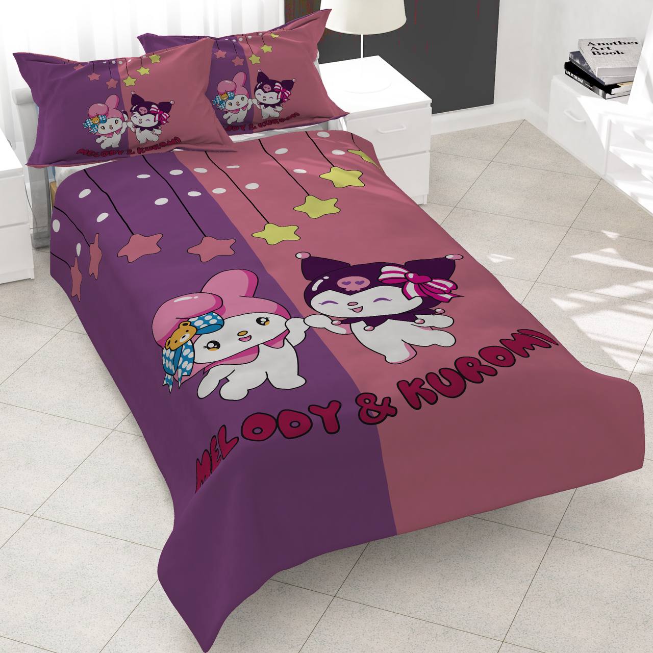 my-melody-kuromi-fantasy-bedding-set روتختی مایملودی و کورومی، سرویس خواب دخترانه فانتزی، روتختی طرح هلوکیتی، روتختی عروسکی و فانتزی.