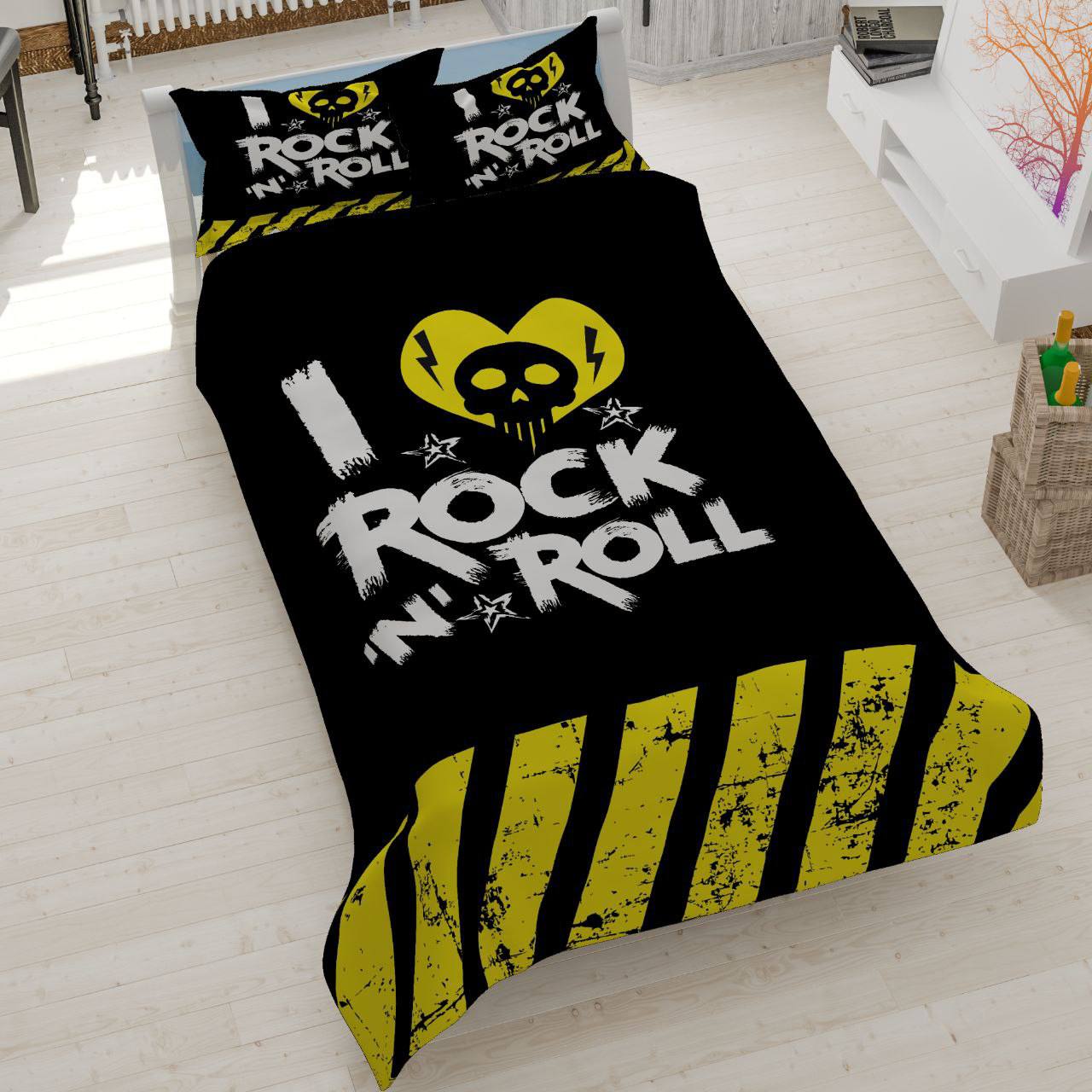 rock-n-roll-bedding روتختی طرح راک اند رول، سرویس خواب مشکی زرد پسرانه، روتختی طرح جمجمه و موزیک، کالای خواب نوجوان راک، روتختی مدرن Rock ‘n’ Roll.