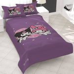 روتختی طرح کرومی عاشقانه، سرویس خواب بنفش دخترانه مدل فانتزی، روتختی کتان میکرو طرح انیمه My Melody & Kuromi، روتختی شیک بنفش برند تخت و تشک، روتختی سه‌بعدی طرح کرومی و مای ملودی عاشق.