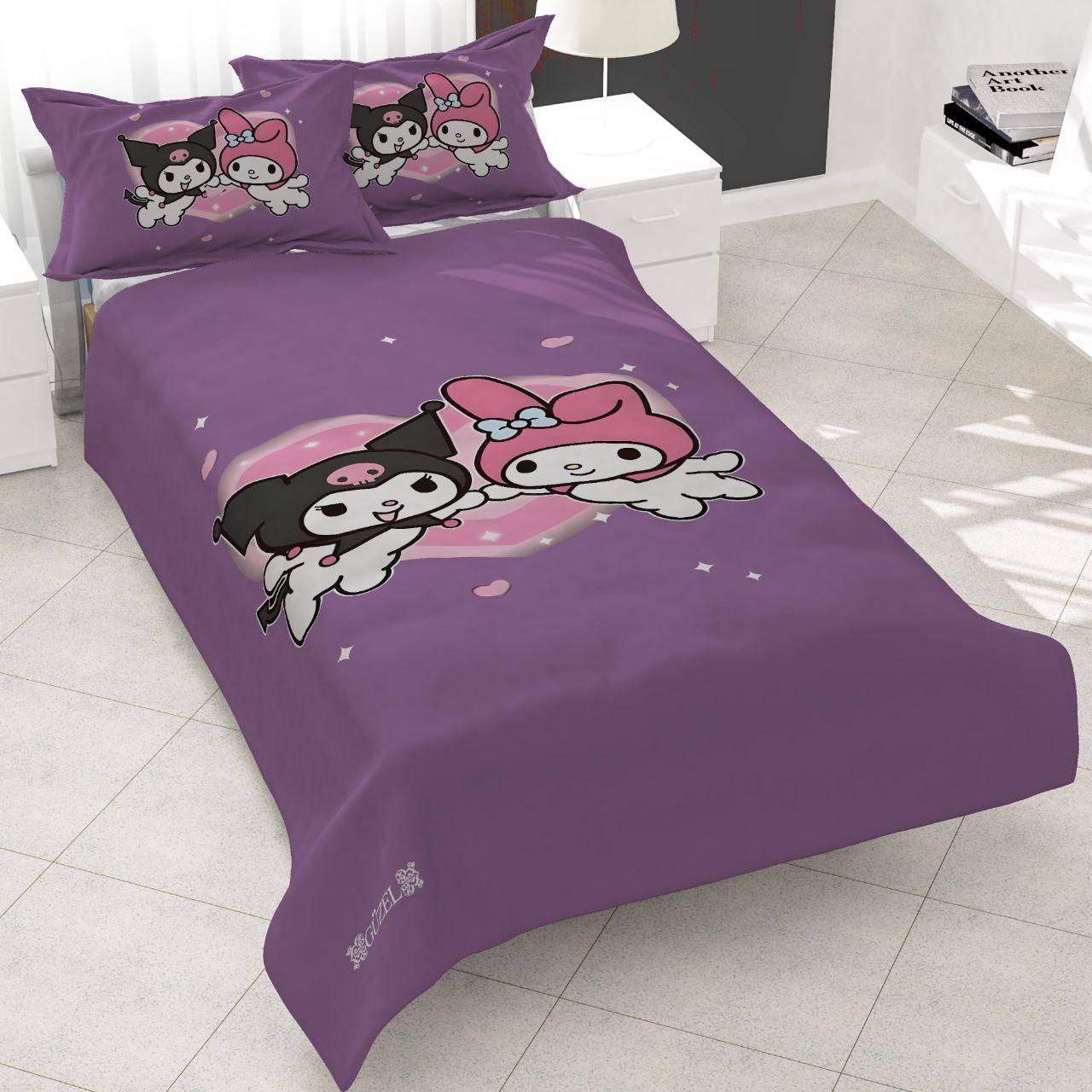 romantic-kuromi-bedding-set روتختی طرح کرومی عاشقانه، سرویس خواب بنفش دخترانه مدل فانتزی، روتختی کتان میکرو طرح انیمه My Melody & Kuromi، روتختی شیک بنفش برند تخت و تشک، روتختی سهبعدی طرح کرومی و مای ملودی عاشق.