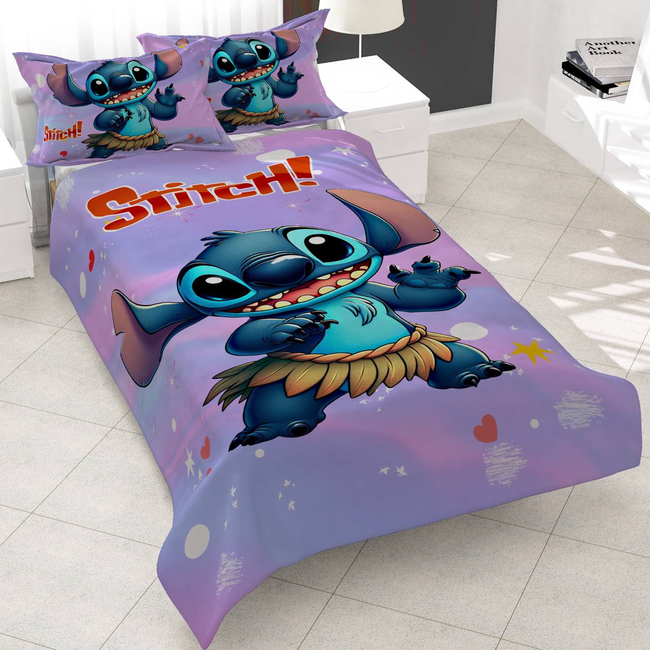 stitch-hawaii-fantasy-bedding روتختی طرح استیچ با دامن علفی، سرویس خواب سهبعدی استیچ مدل هاوایی، روتختی فانتزی بنفش طرح کاراکتر Stitch، روتختی کتان میکرو طرح انیمیشن لیلو و استیچ، روتختی دخترانه شیک طرح استیچ خندان.