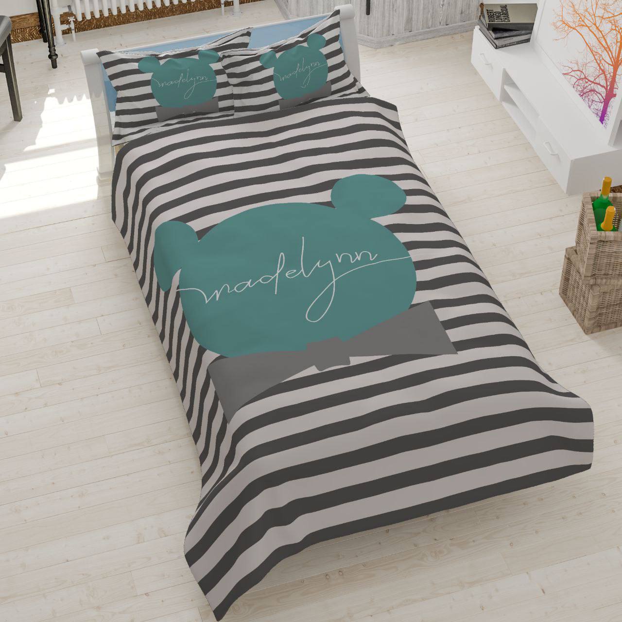 striped-mickey-teal-black-white-bedding روتختی طرح میکیماوس راه راه، سرویس خواب مدرن سیاه و سفید طرح میکی، روتختی کتان میکرو مدل Striped Mickey سبز کلهغازی.